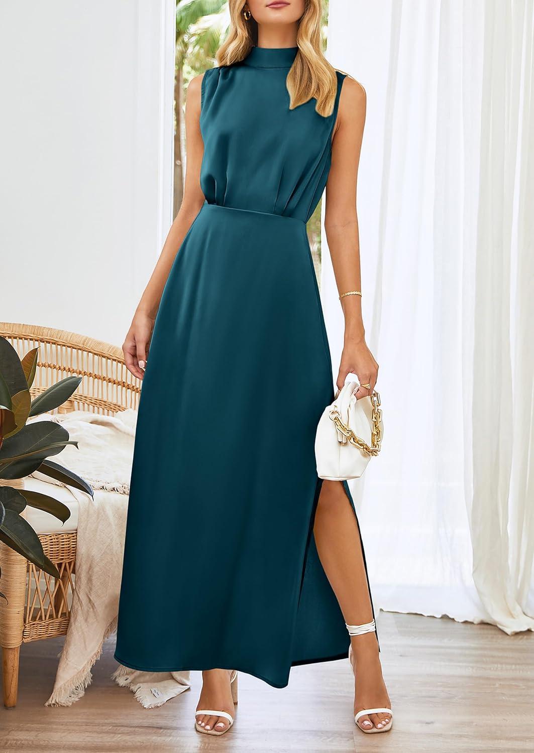 imageSummer Long Formal Satin Dress Mock Neck Sleeveless Side Slit Flowy Maxi Tank Dresses