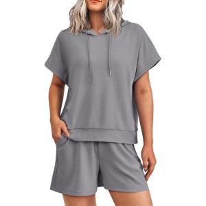 PRETTYGARDEN Women 2 Piece Outfits Tracksuit Cap Sleeve Hooded Sweatshirt High Waist Shorts Sweatsuits Set (Grey,X-Large)