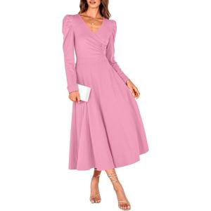 PRETTYGARDEN Women’s 2024 Fall Midi Dress Puff Long Sleeve Wrap V Neck A Line Flowy Casual Elegant Cocktail Party Dresses (Pink,Medium)