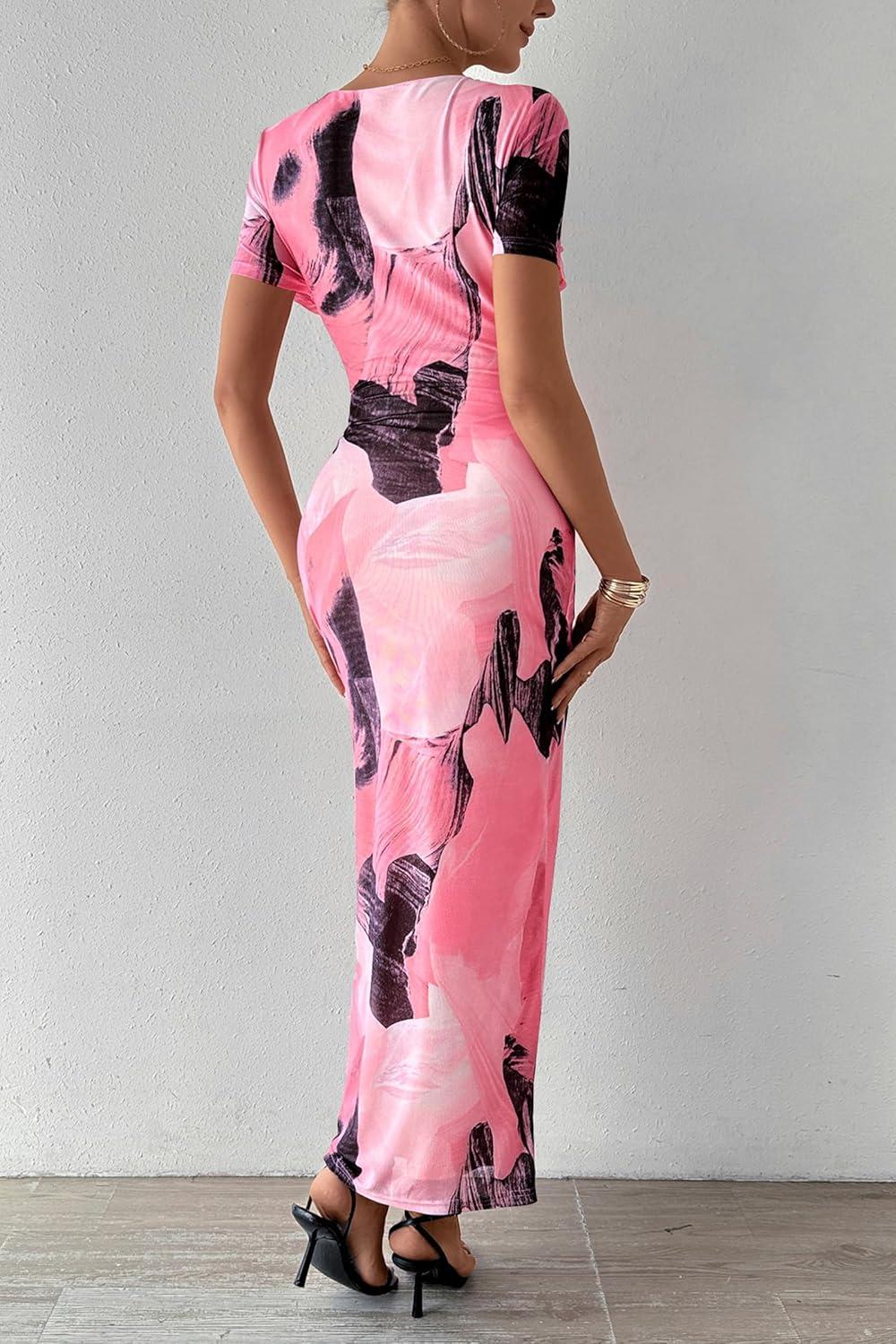 imagePRETTYGARDEN Long Dress for Women Sexy Summer Short Sleeve Crewneck Y2K Printed Maxi Bodycon Dresses Print PinkMedium