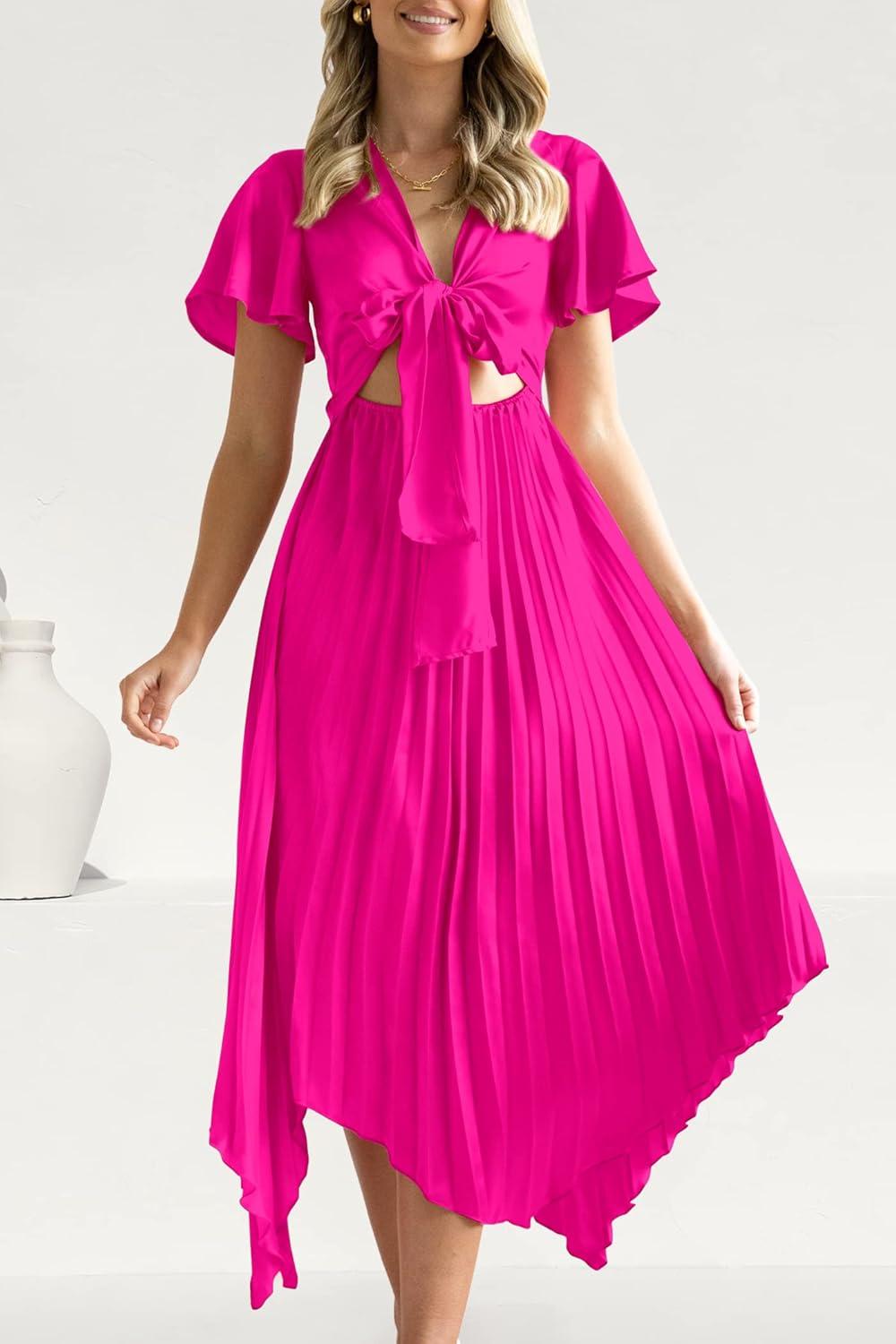 imagePRETTYGARDEN Womens 2023 Satin Summer Dress Short Sleeve V Neck Tie Front Cutout Pleated A Line Midi Dresses Rose RedXXLarge