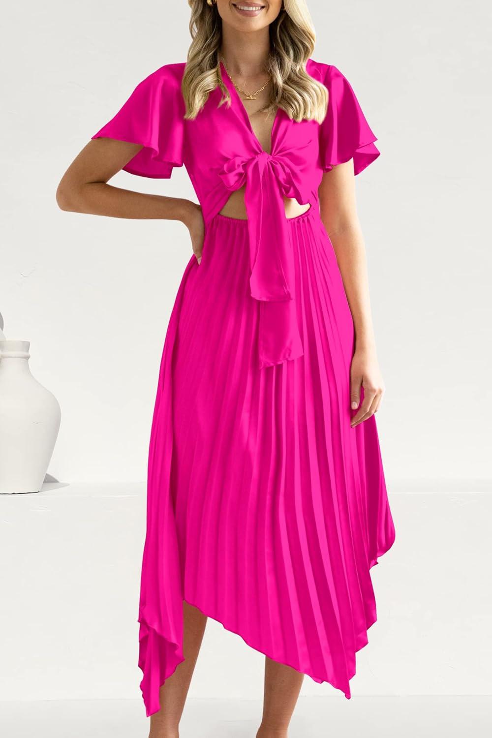 imagePRETTYGARDEN Womens 2023 Satin Summer Dress Short Sleeve V Neck Tie Front Cutout Pleated A Line Midi Dresses Rose RedXXLarge