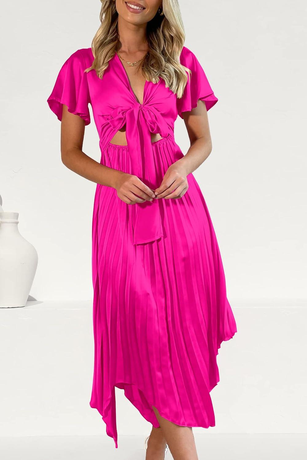 imagePRETTYGARDEN Womens 2023 Satin Summer Dress Short Sleeve V Neck Tie Front Cutout Pleated A Line Midi Dresses Rose RedXXLarge