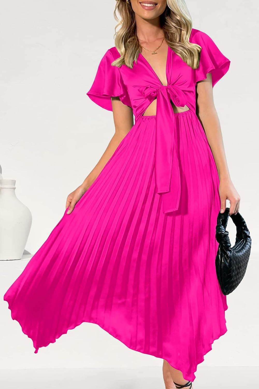 imagePRETTYGARDEN Womens 2023 Satin Summer Dress Short Sleeve V Neck Tie Front Cutout Pleated A Line Midi Dresses Rose RedXXLarge
