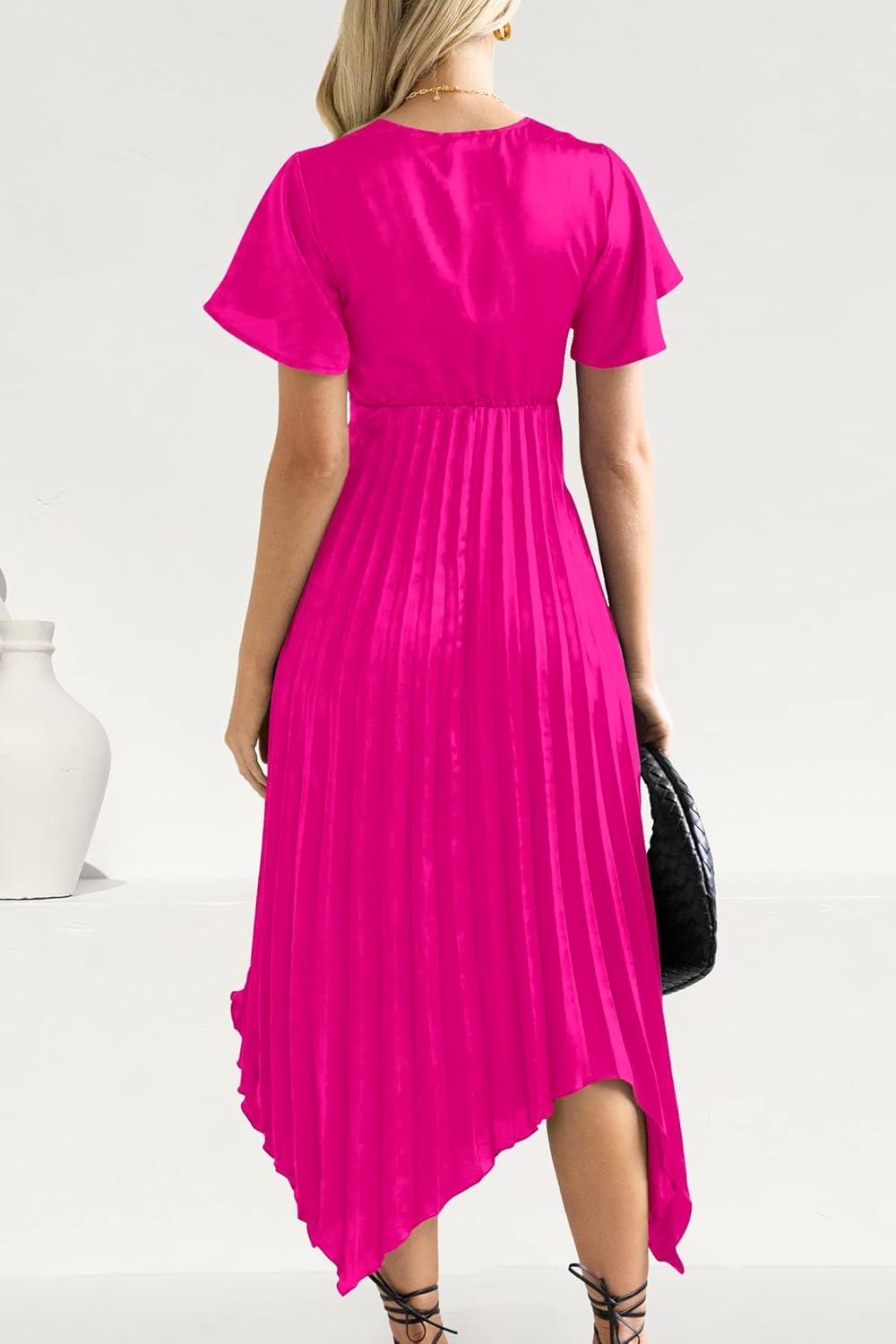 imagePRETTYGARDEN Womens 2023 Satin Summer Dress Short Sleeve V Neck Tie Front Cutout Pleated A Line Midi Dresses Rose RedXXLarge