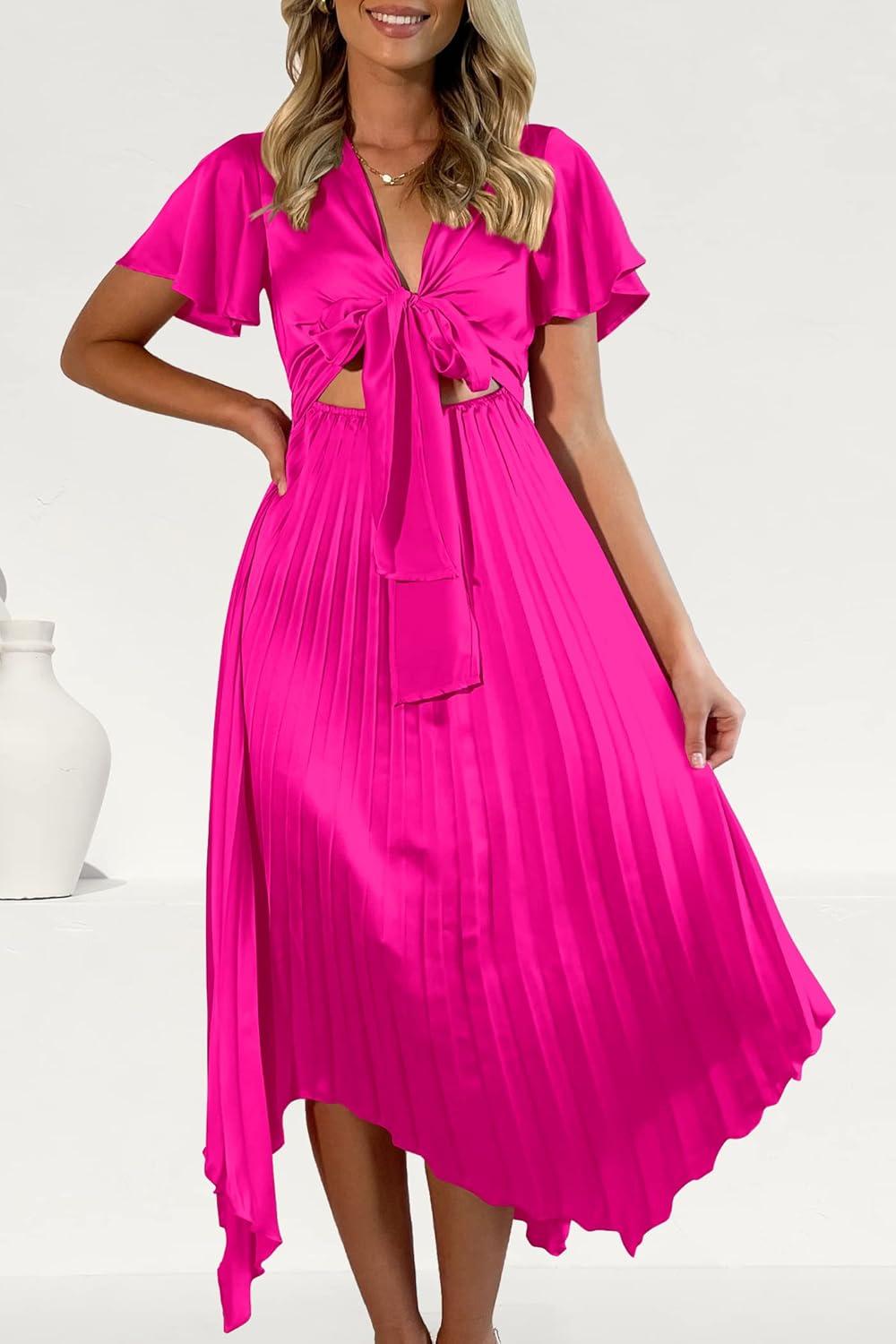 imagePRETTYGARDEN Womens 2023 Satin Summer Dress Short Sleeve V Neck Tie Front Cutout Pleated A Line Midi Dresses Rose RedXXLarge