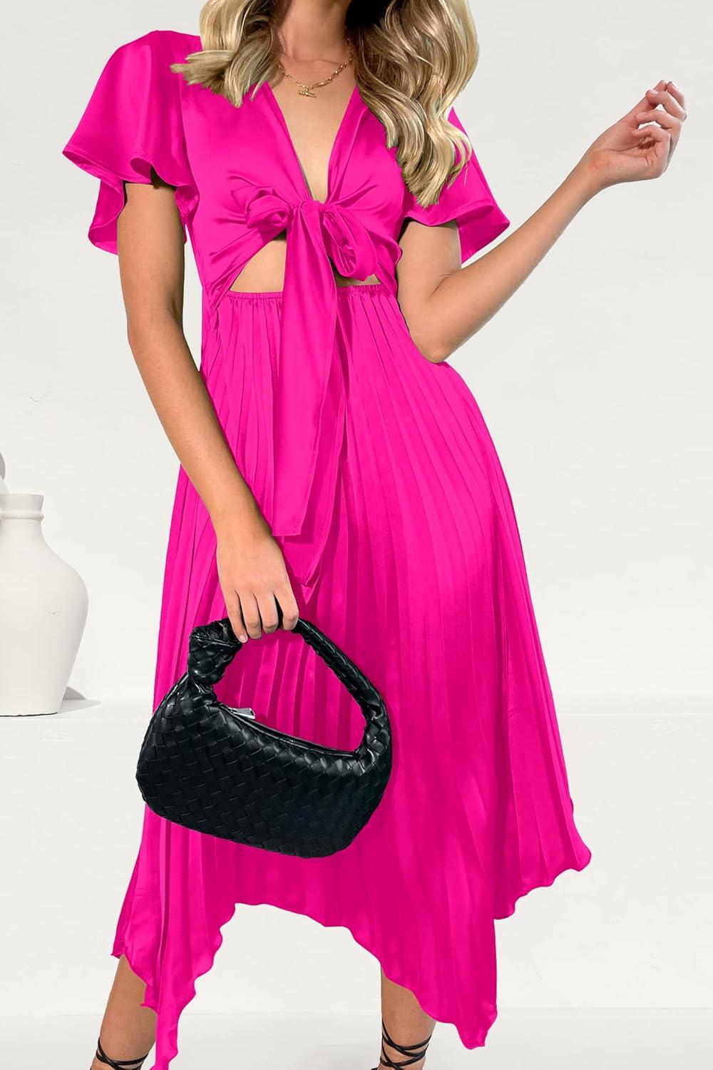 imagePRETTYGARDEN Womens 2023 Satin Summer Dress Short Sleeve V Neck Tie Front Cutout Pleated A Line Midi Dresses Rose RedXXLarge