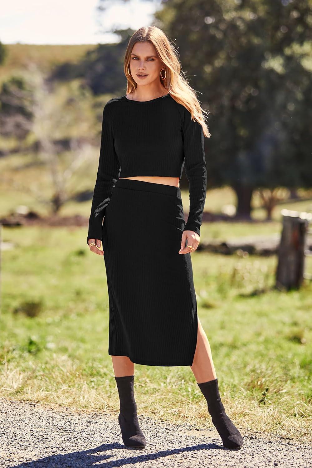 imagePRETTYGARDEN Womens 2024 Fall 2 Piece Outfits Tracksuit Rib Knit Crop Tops and Slit Midi Bodycon Skirt Dress Sets BlackSmall