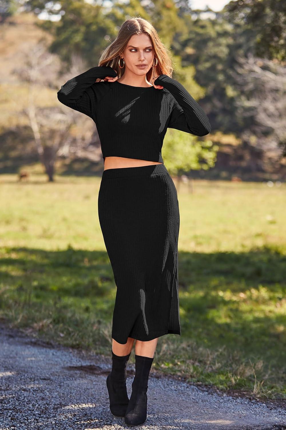 imagePRETTYGARDEN Womens 2024 Fall 2 Piece Outfits Tracksuit Rib Knit Crop Tops and Slit Midi Bodycon Skirt Dress Sets BlackSmall