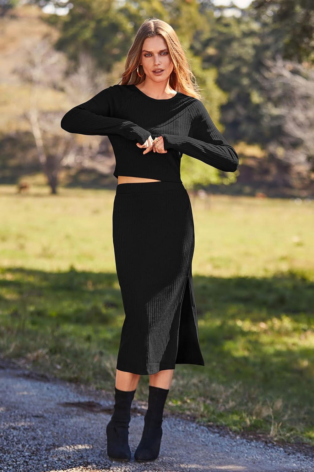 imagePRETTYGARDEN Womens 2024 Fall 2 Piece Outfits Tracksuit Rib Knit Crop Tops and Slit Midi Bodycon Skirt Dress Sets BlackSmall