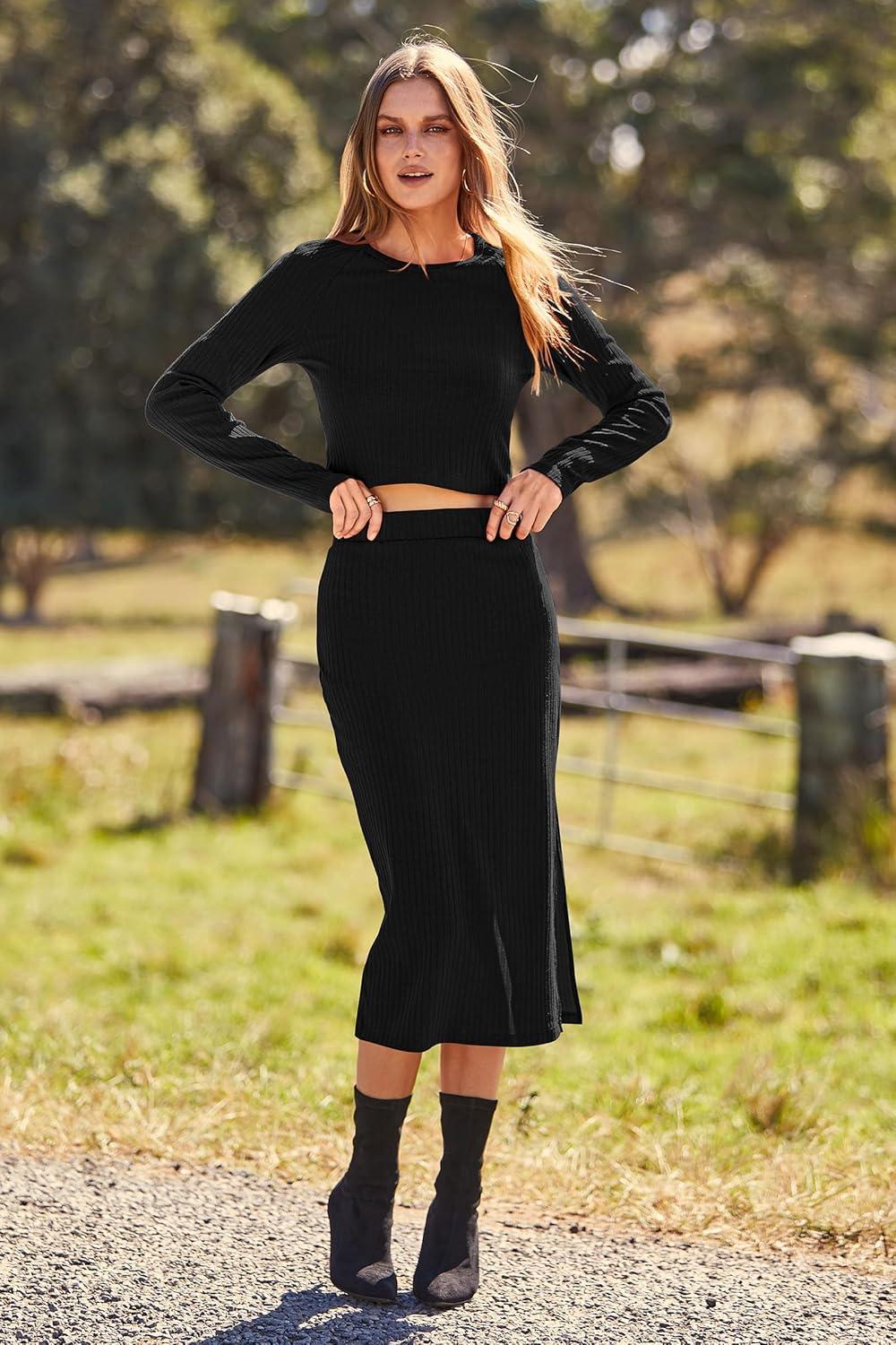 imagePRETTYGARDEN Womens 2024 Fall 2 Piece Outfits Tracksuit Rib Knit Crop Tops and Slit Midi Bodycon Skirt Dress Sets BlackSmall