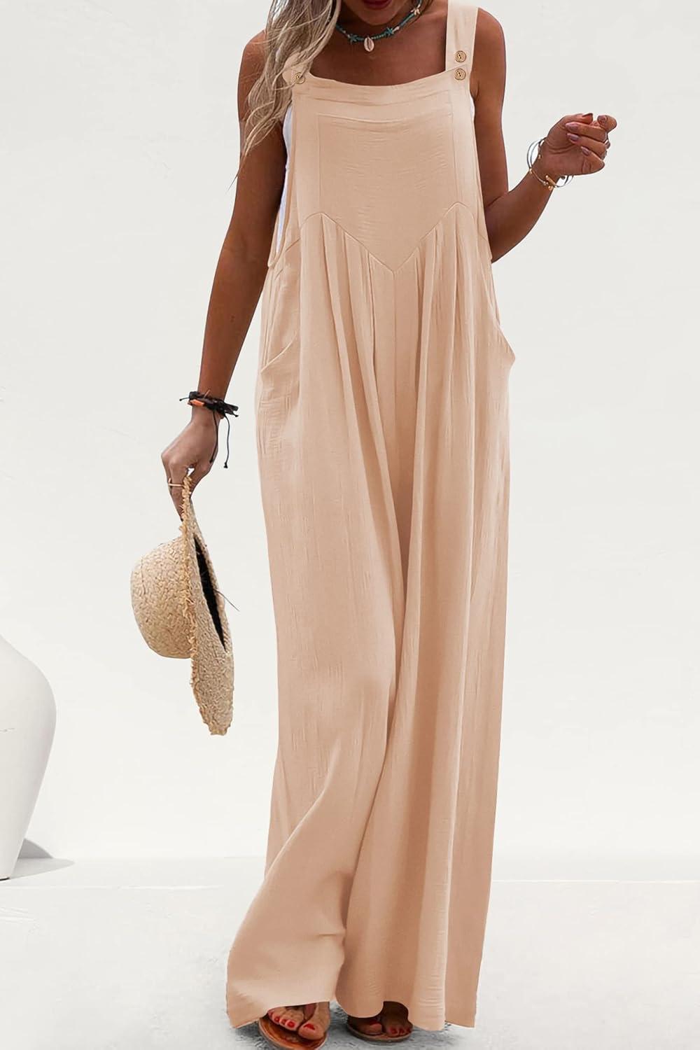 imagePRETTYGARDEN Womens Casual One Piece Romper Fashion Sleeveless Wide Leg Pants Rompers Beige ApricotMedium