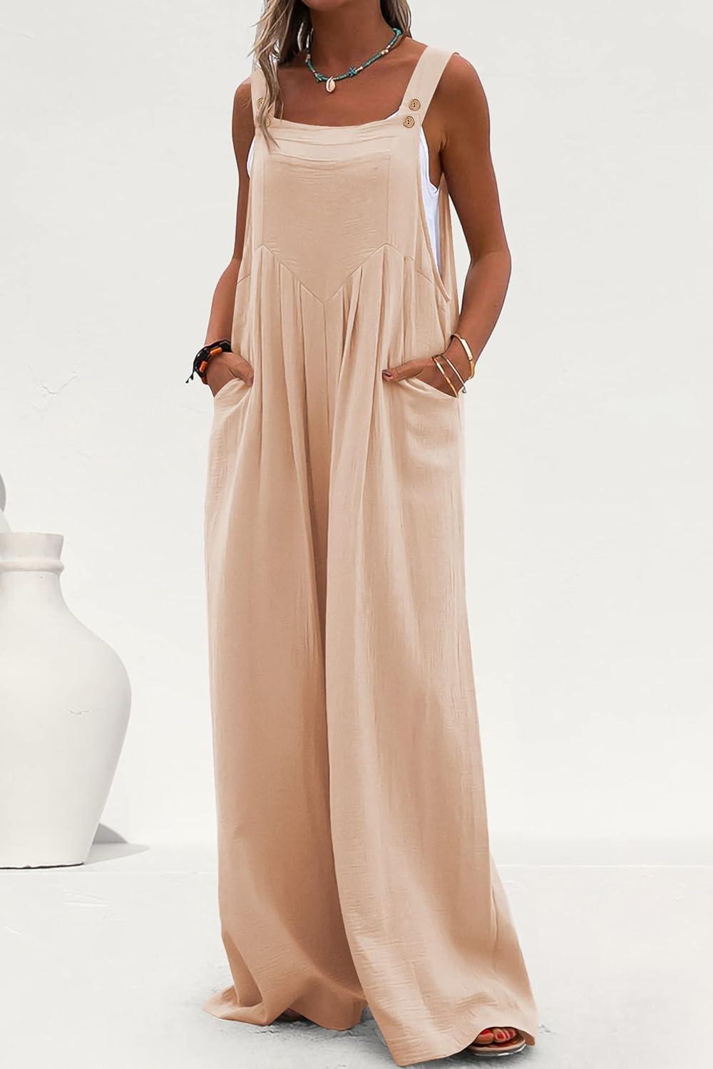 imagePRETTYGARDEN Womens Casual One Piece Romper Fashion Sleeveless Wide Leg Pants Rompers Beige ApricotMedium