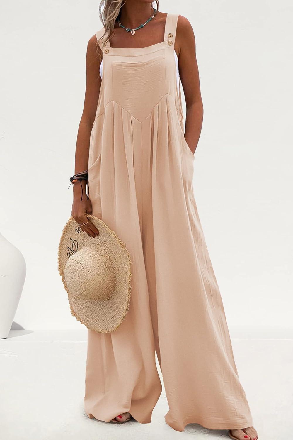 imagePRETTYGARDEN Womens Casual One Piece Romper Fashion Sleeveless Wide Leg Pants Rompers Beige ApricotMedium