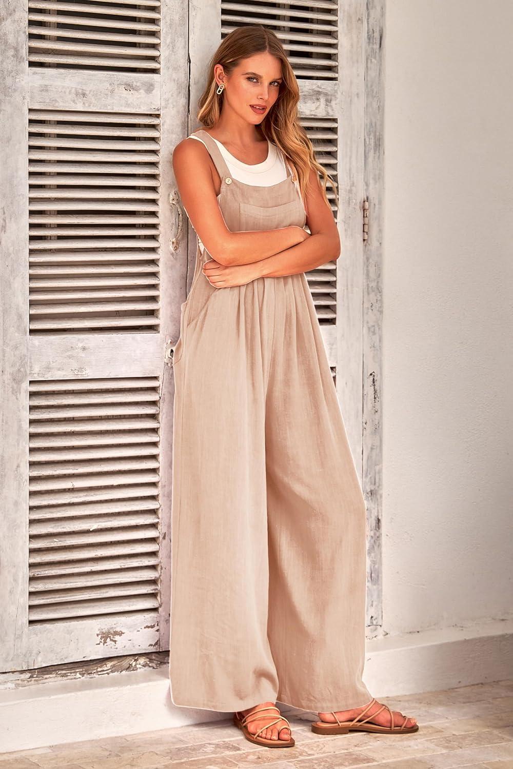 imagePRETTYGARDEN Womens Casual One Piece Romper Fashion Sleeveless Wide Leg Pants Rompers Beige ApricotMedium