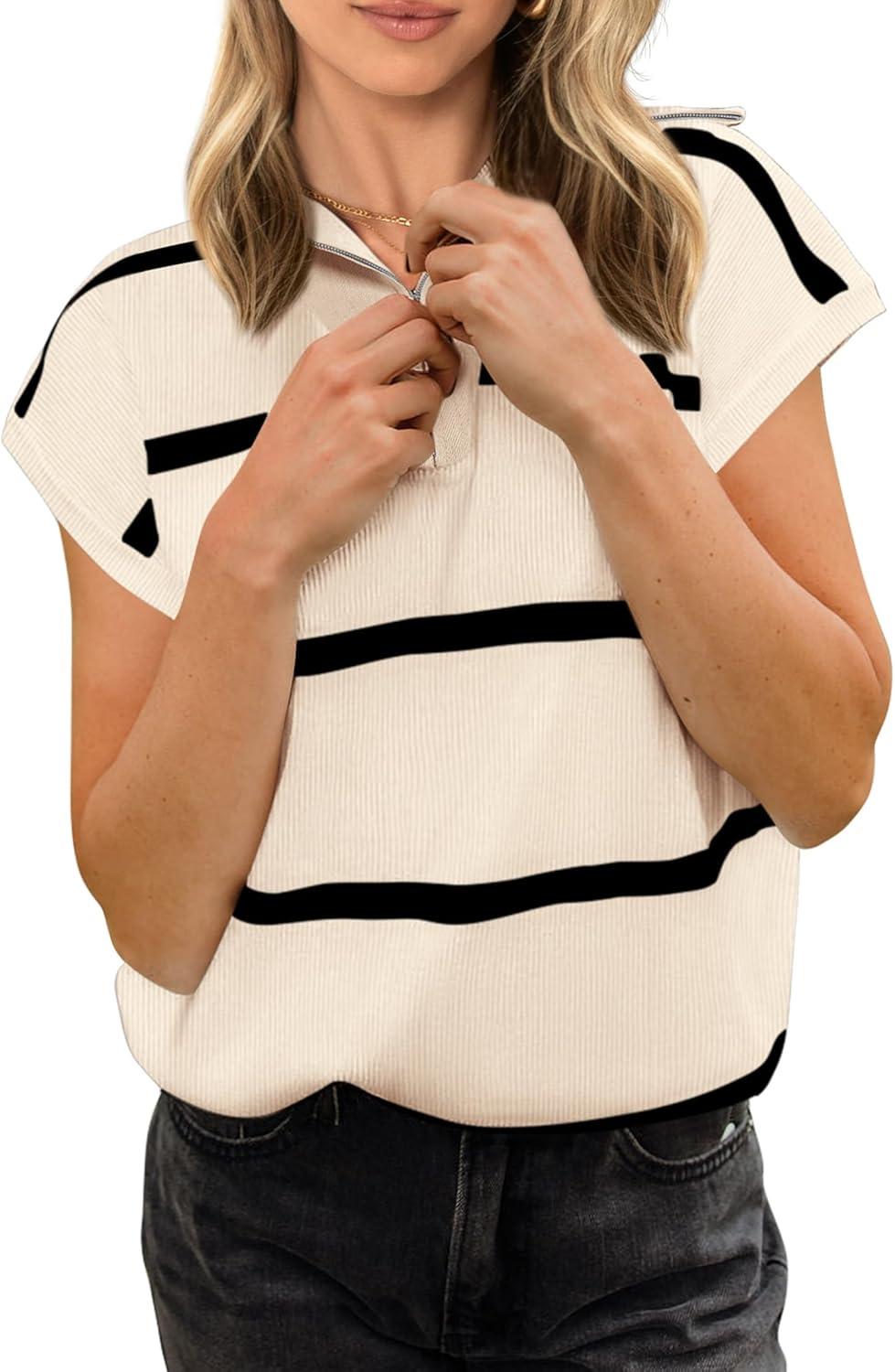 imagePRETTYGARDEN Womens Casual Striped T Shirts Cap Sleeve V Neck 14 Zip Basic Summer Tops Blouse