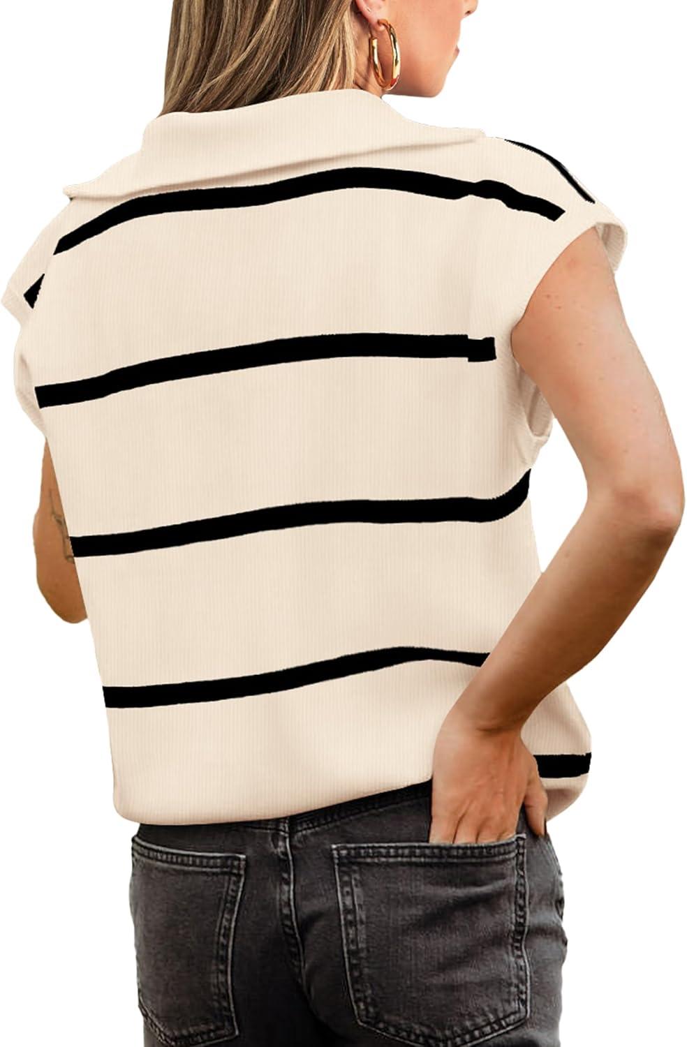 imagePRETTYGARDEN Womens Casual Striped T Shirts Cap Sleeve V Neck 14 Zip Basic Summer Tops Blouse