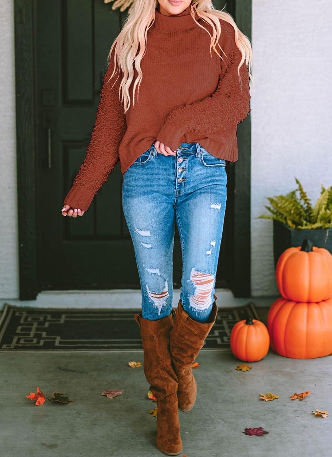 imagePRETTYGARDEN Womens Fall Turtleneck Sweaters Casual Long Sleeve Pullover Ribbed Knit Sweater Top BlouseBrown