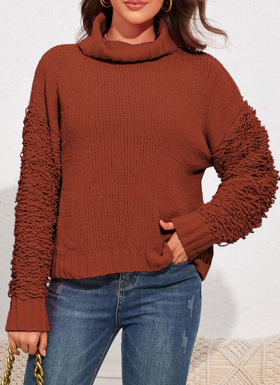 imagePRETTYGARDEN Womens Fall Turtleneck Sweaters Casual Long Sleeve Pullover Ribbed Knit Sweater Top BlouseBrown