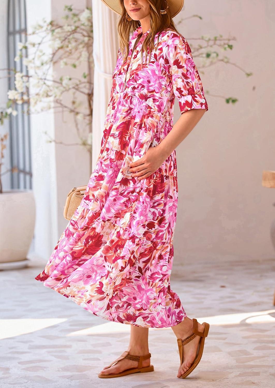 imagePRETTYGARDEN Womens Long Flowy Dress Casual Summer Short Sleeve V Neck Swing A Line Dresses Floral Pink RedLarge