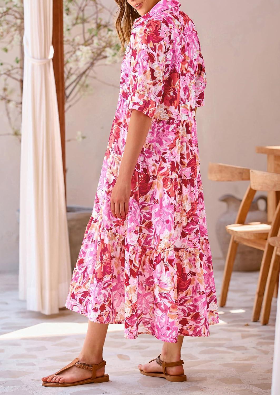 imagePRETTYGARDEN Womens Long Flowy Dress Casual Summer Short Sleeve V Neck Swing A Line Dresses Floral Pink RedLarge