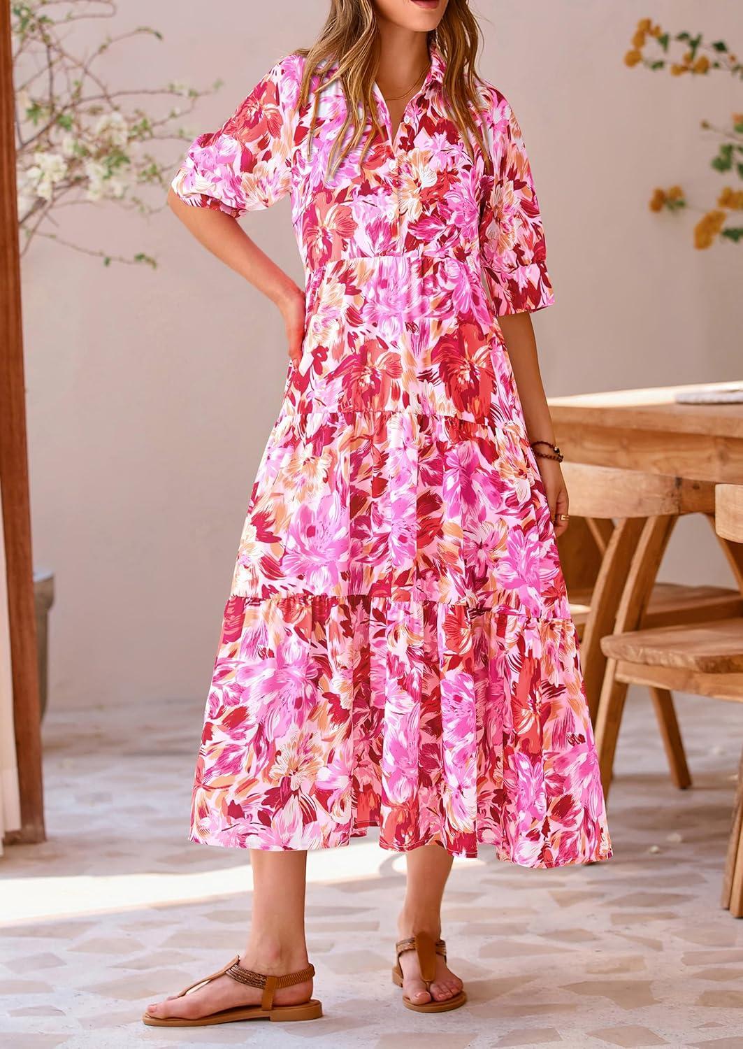 imagePRETTYGARDEN Womens Long Flowy Dress Casual Summer Short Sleeve V Neck Swing A Line Dresses Floral Pink RedLarge