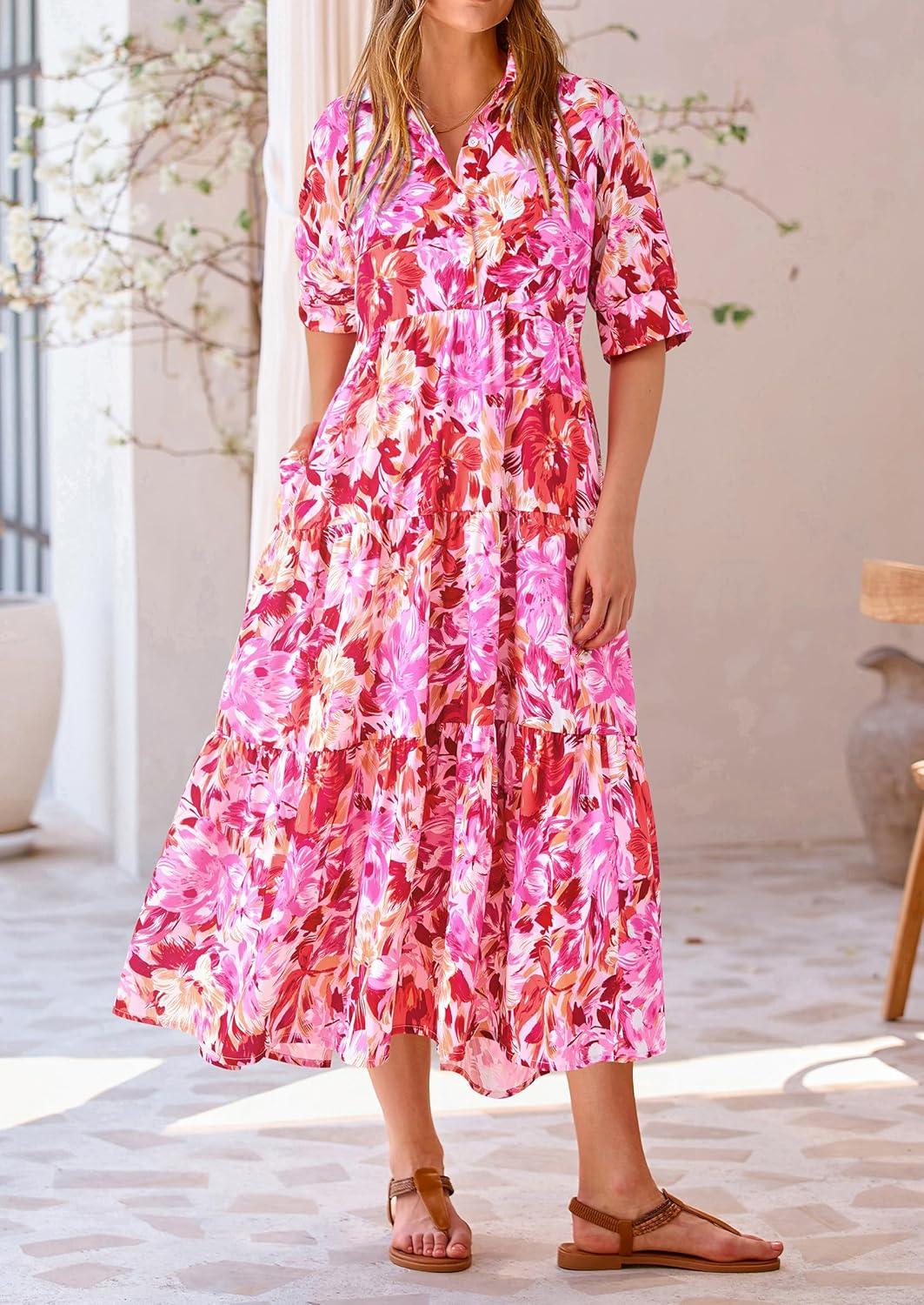 imagePRETTYGARDEN Womens Long Flowy Dress Casual Summer Short Sleeve V Neck Swing A Line Dresses Floral Pink RedLarge