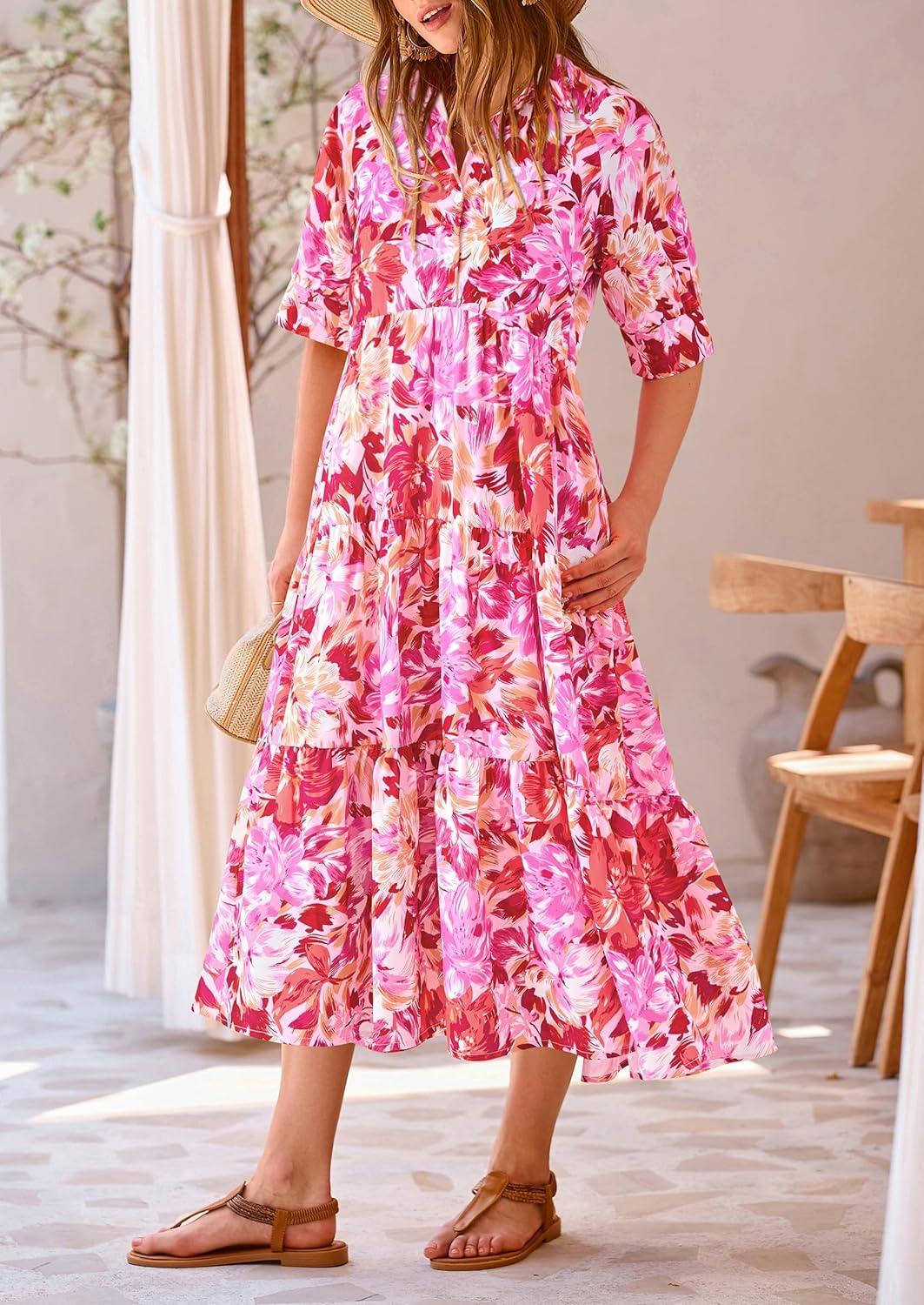 imagePRETTYGARDEN Womens Long Flowy Dress Casual Summer Short Sleeve V Neck Swing A Line Dresses Floral Pink RedLarge