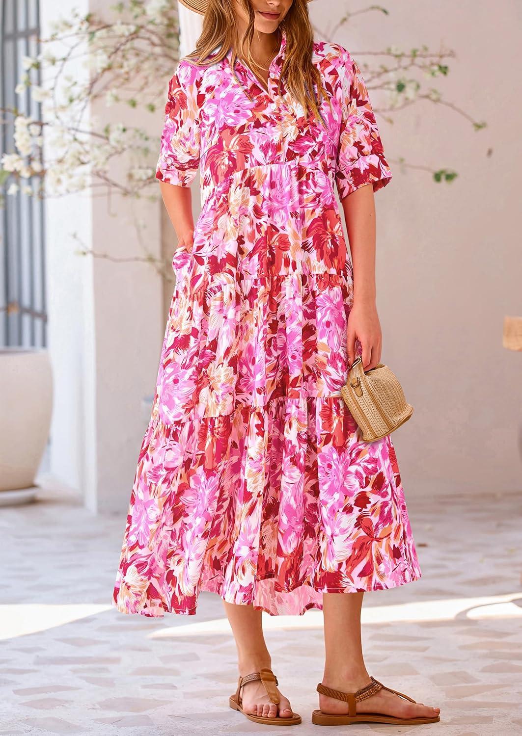 imagePRETTYGARDEN Womens Long Flowy Dress Casual Summer Short Sleeve V Neck Swing A Line Dresses Floral Pink RedLarge