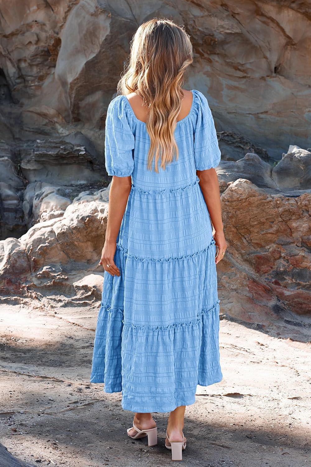 imagePRETTYGARDEN Womens Summer Maxi Dress Short Sleeve Square Neck Ruffle Tiered Flowy Casual Boho Long Dresses with Pockets