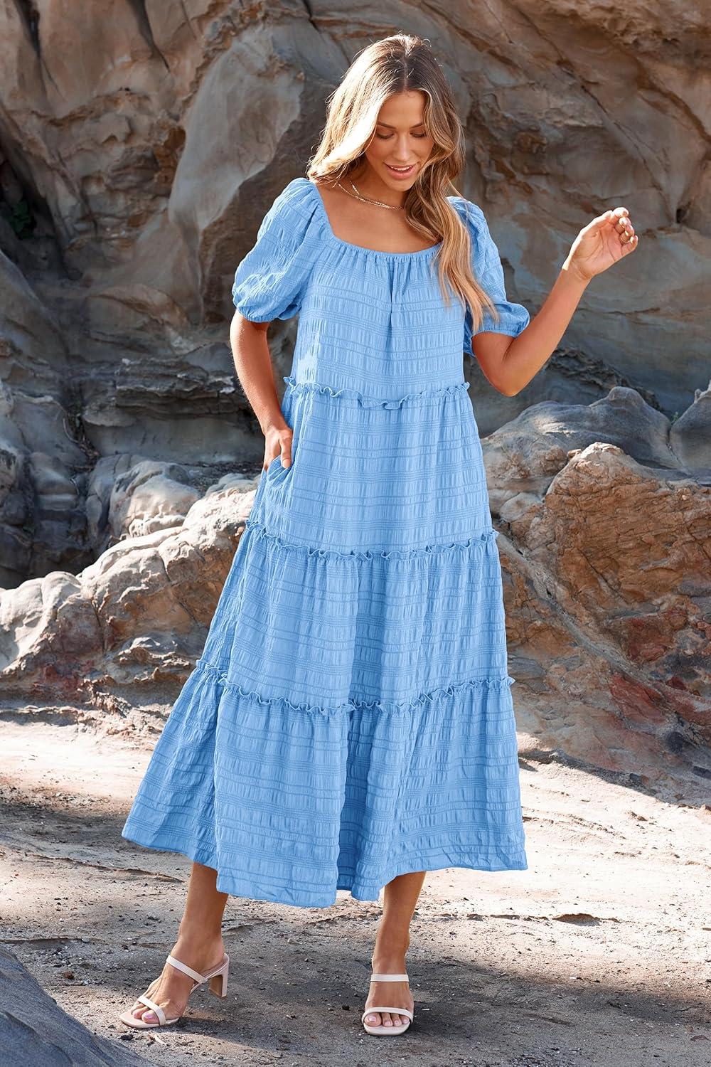 imagePRETTYGARDEN Womens Summer Maxi Dress Short Sleeve Square Neck Ruffle Tiered Flowy Casual Boho Long Dresses with Pockets