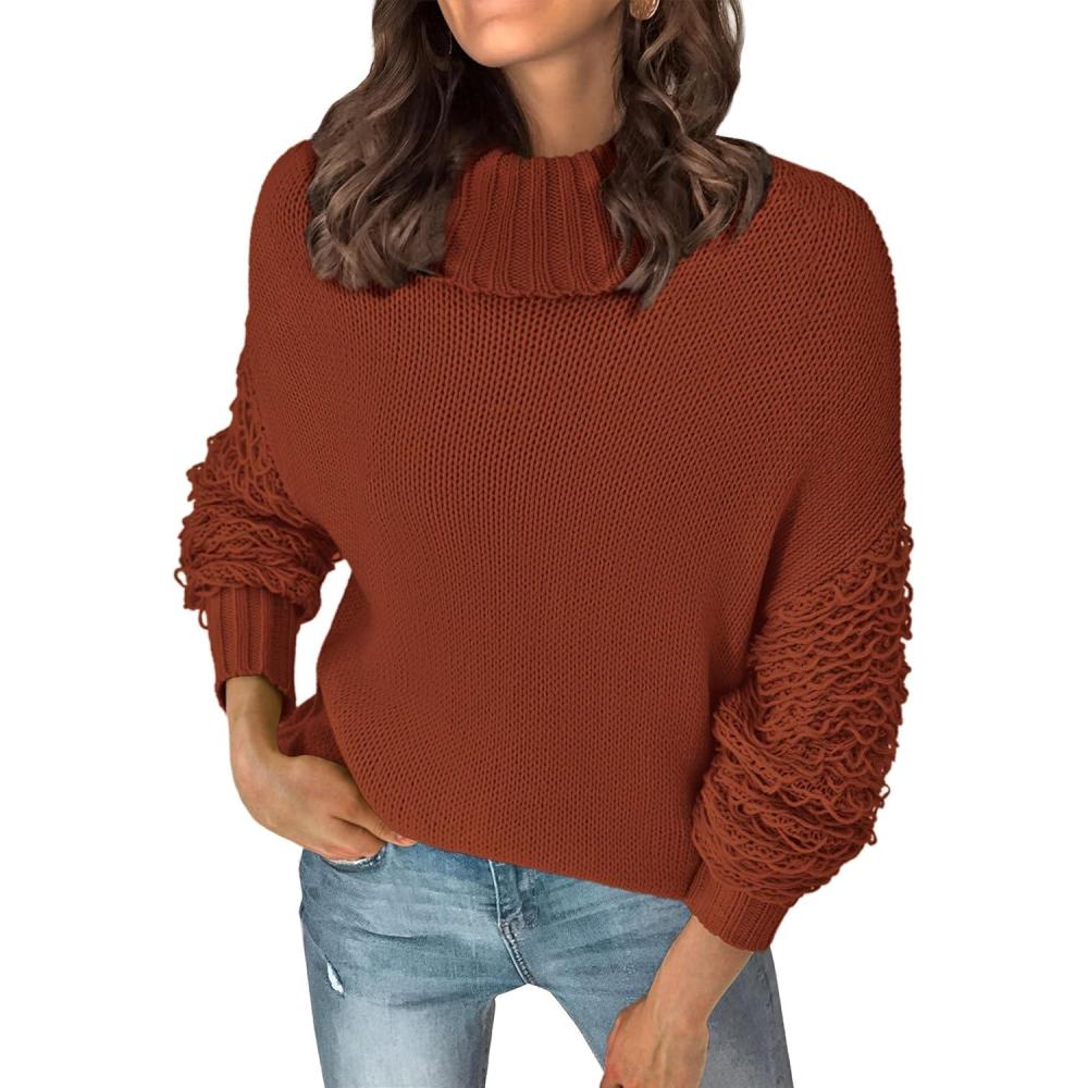 imagePRETTYGARDEN Womens Fall Turtleneck Sweaters Casual Long Sleeve Pullover Ribbed Knit Sweater Top BlouseBrown