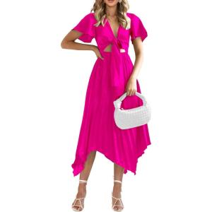 PRETTYGARDEN Women’s 2023 Satin Summer Dress Short Sleeve V Neck Tie Front Cutout Pleated A Line Midi Dresses (Rose Red,XX-Large)