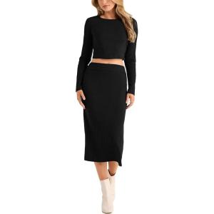 PRETTYGARDEN Women’s 2024 Fall 2 Piece Outfits Tracksuit Rib Knit Crop Tops and Slit Midi Bodycon Skirt Dress Sets (Black,Small)