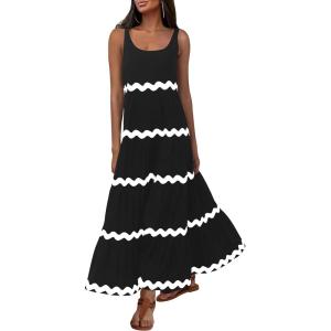 PRETTYGARDEN Women’s 2024 Summer Sundresses Sleeveless Scoop Neck Tiered Flowy Beach Vacation Party Long Tank Maxi Dress (Black,Large)