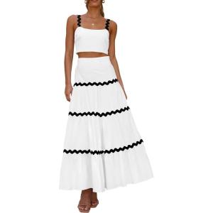 PRETTYGARDEN Womens 2024 Summer Two Piece Vacation Beach Outfits Dressy Sleeveless Cropped Tank Tops And Long Maxi Skirt Sets (White,Medium)