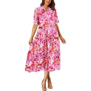 PRETTYGARDEN Womens Long Flowy Dress Casual Summer Short Sleeve V Neck Swing A Line Dresses (Floral Pink Red,Large)