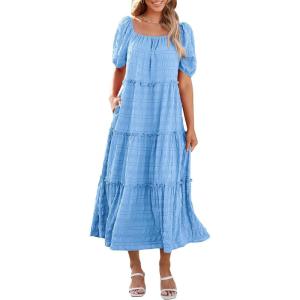 PRETTYGARDEN Women’s Summer Maxi Dress Short Sleeve Square Neck Ruffle Tiered Flowy Casual Boho Long Dresses with Pockets