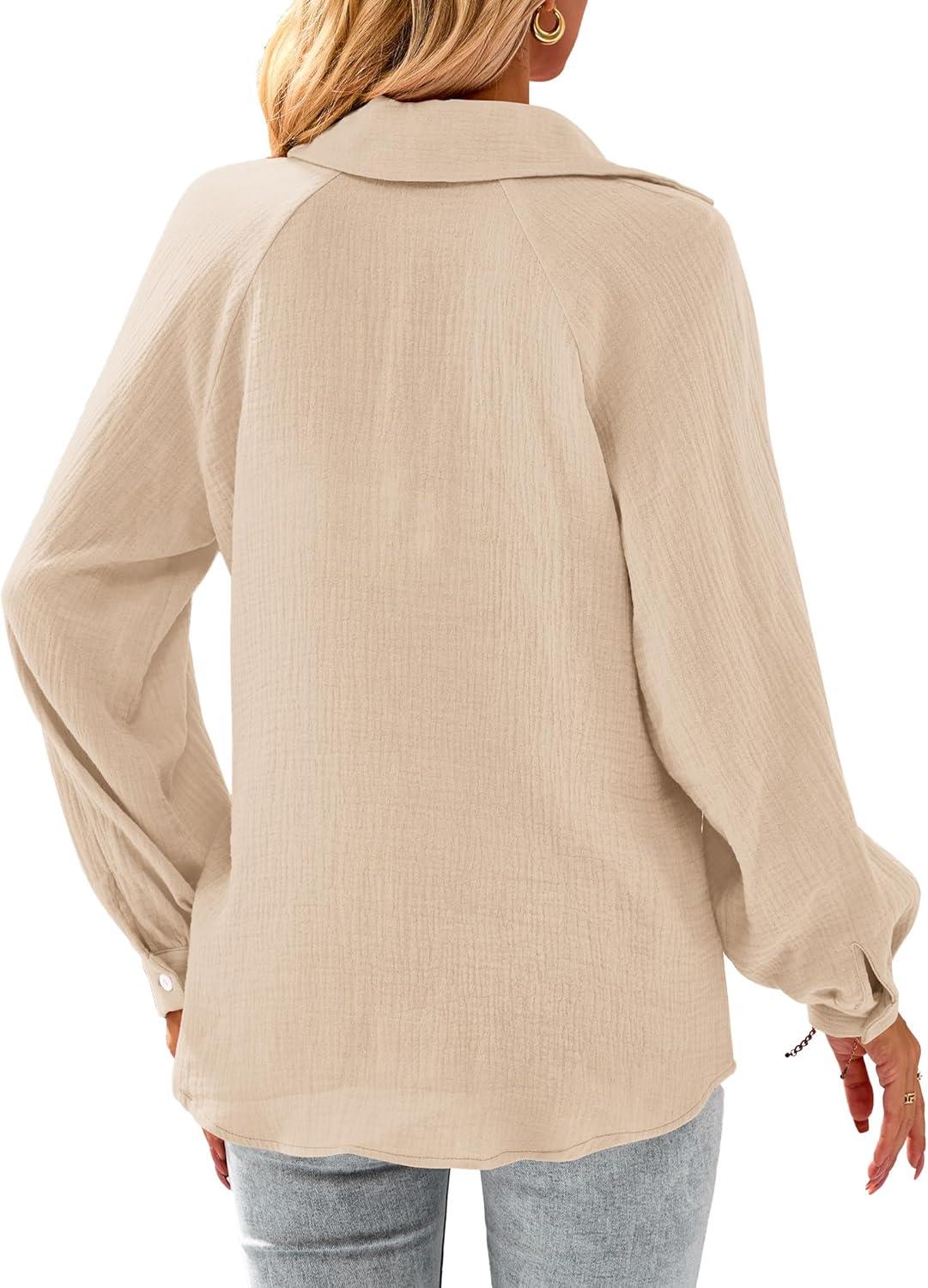 imagePRETTYGARDEN Womens 2024 Fall Fashion Blouse Tops Casual Long Sleeve V Neck Collared Cotton Linen Shirts