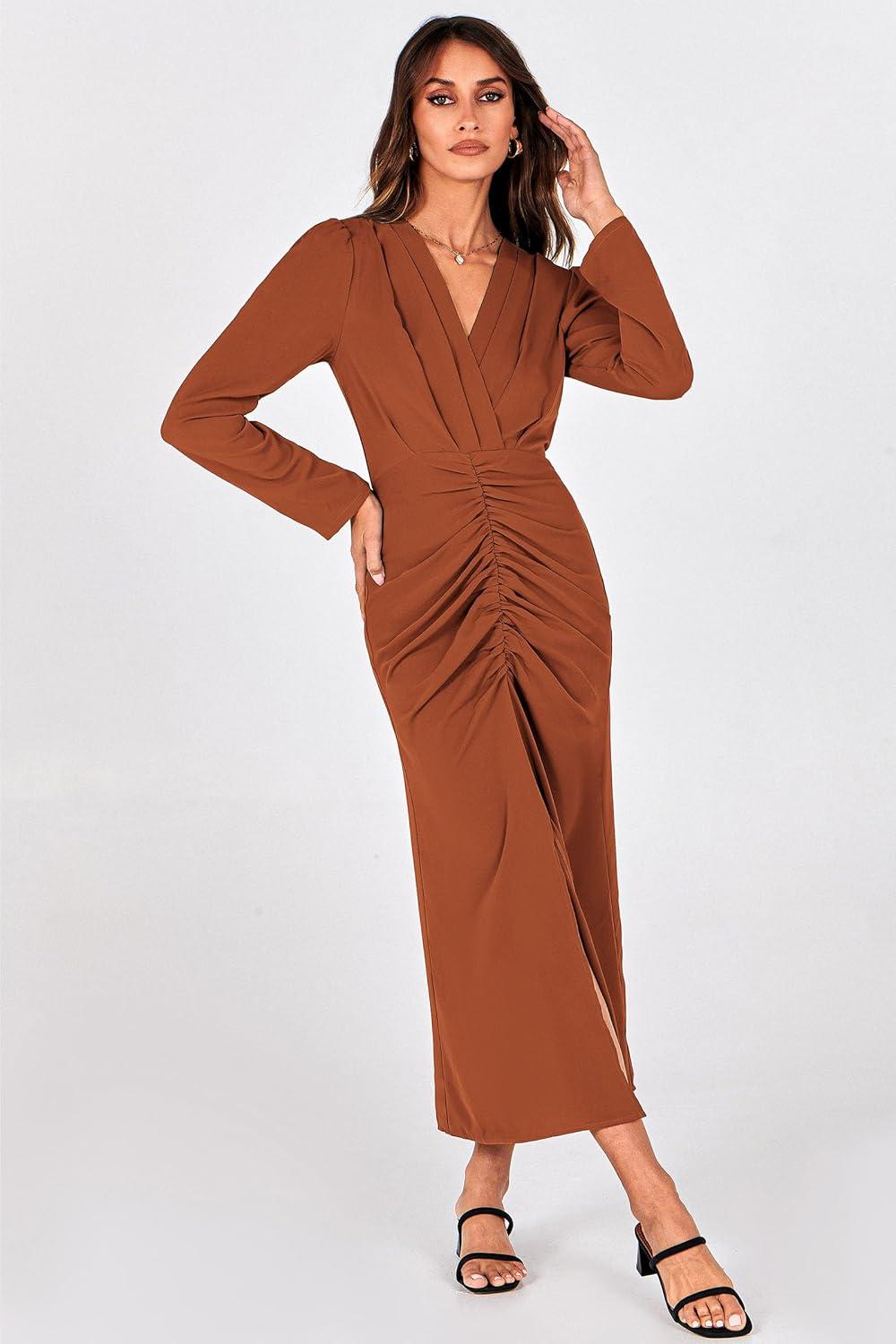 imagePRETTYGARDEN Womens 2024 Fall Maxi Dress Long Sleeve Deep V Neck Ruched Slit Casual Formal Elegant Party Cocktail Dresses Brick RedLarge