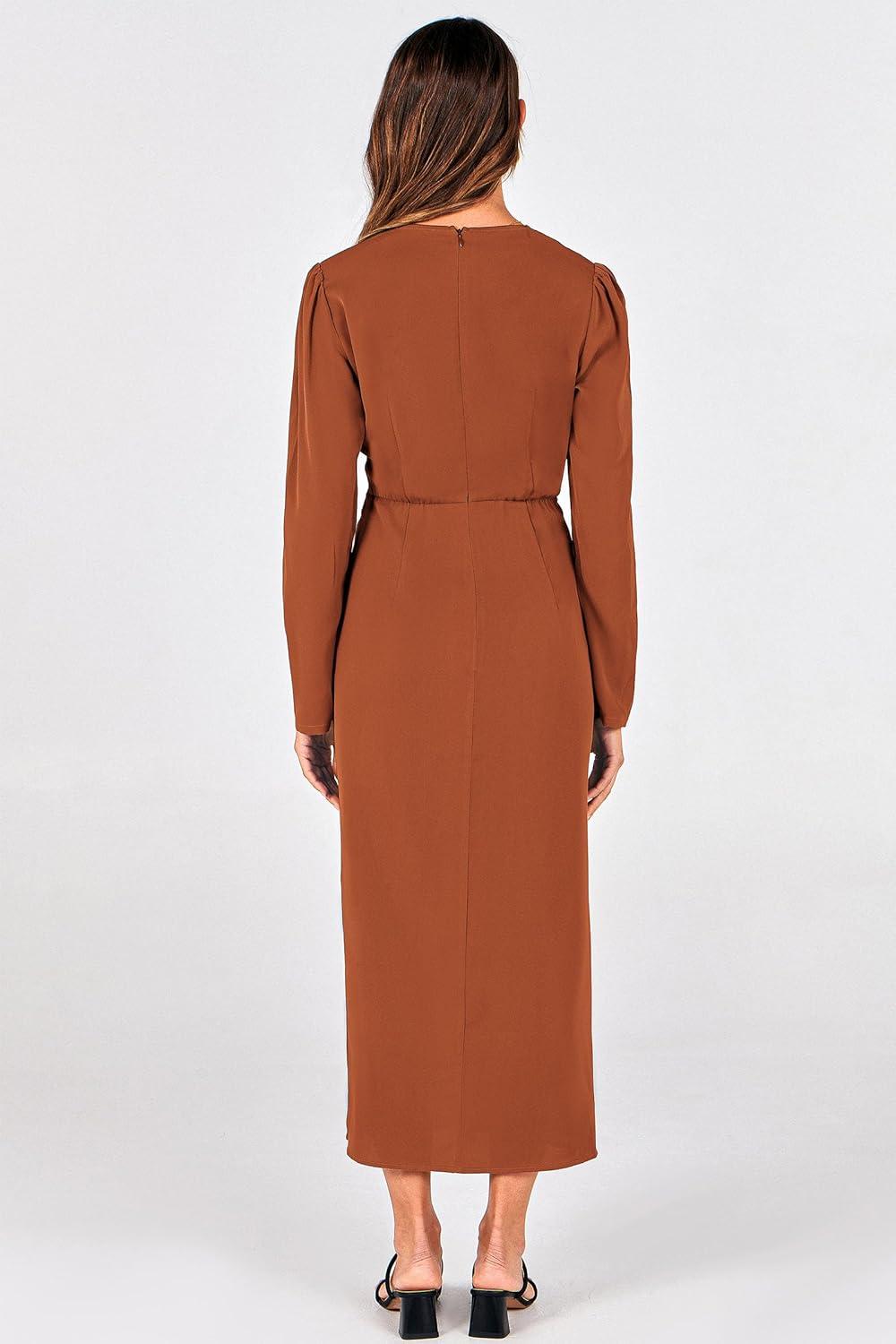 imagePRETTYGARDEN Womens 2024 Fall Maxi Dress Long Sleeve Deep V Neck Ruched Slit Casual Formal Elegant Party Cocktail Dresses Brick RedLarge