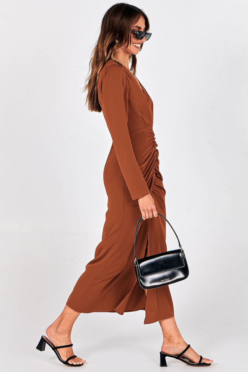 imagePRETTYGARDEN Womens 2024 Fall Maxi Dress Long Sleeve Deep V Neck Ruched Slit Casual Formal Elegant Party Cocktail Dresses Brick RedLarge