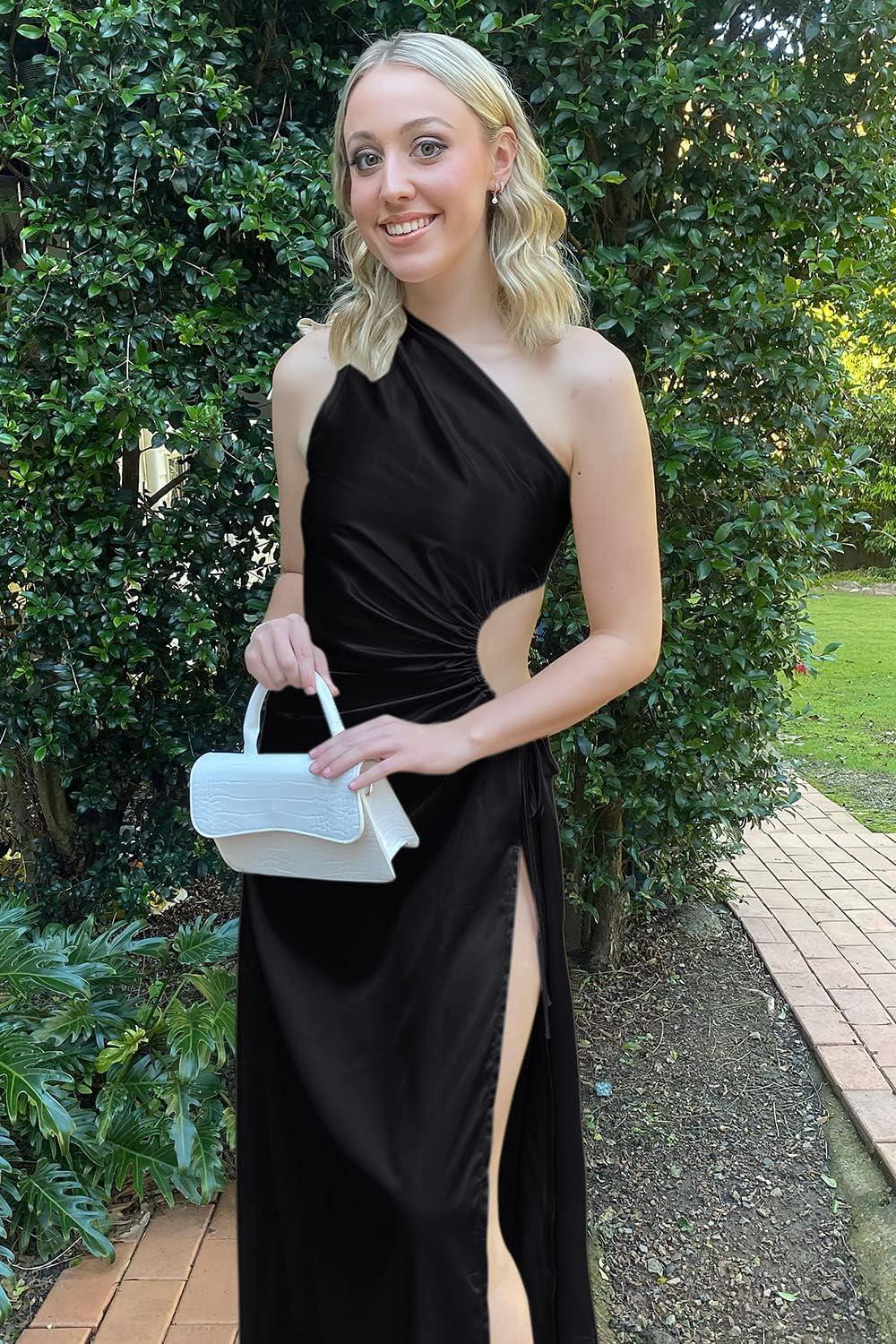 imagePRETTYGARDEN Womens 2024 Summer One Shoulder Satin Dress Cutout High Split Cocktail Wedding Guest Maxi Dresses BlackSmall