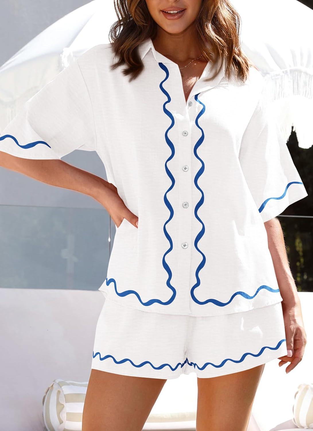 imagePRETTYGARDEN Womens Casual 2 Piece Outfits Summer Button Down Shirts Tops and Lounge Shorts Pajama Sets WhiteMedium