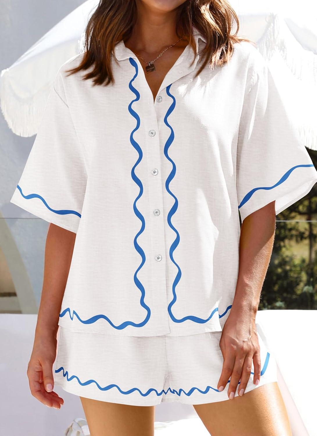 imagePRETTYGARDEN Womens Casual 2 Piece Outfits Summer Button Down Shirts Tops and Lounge Shorts Pajama Sets WhiteMedium