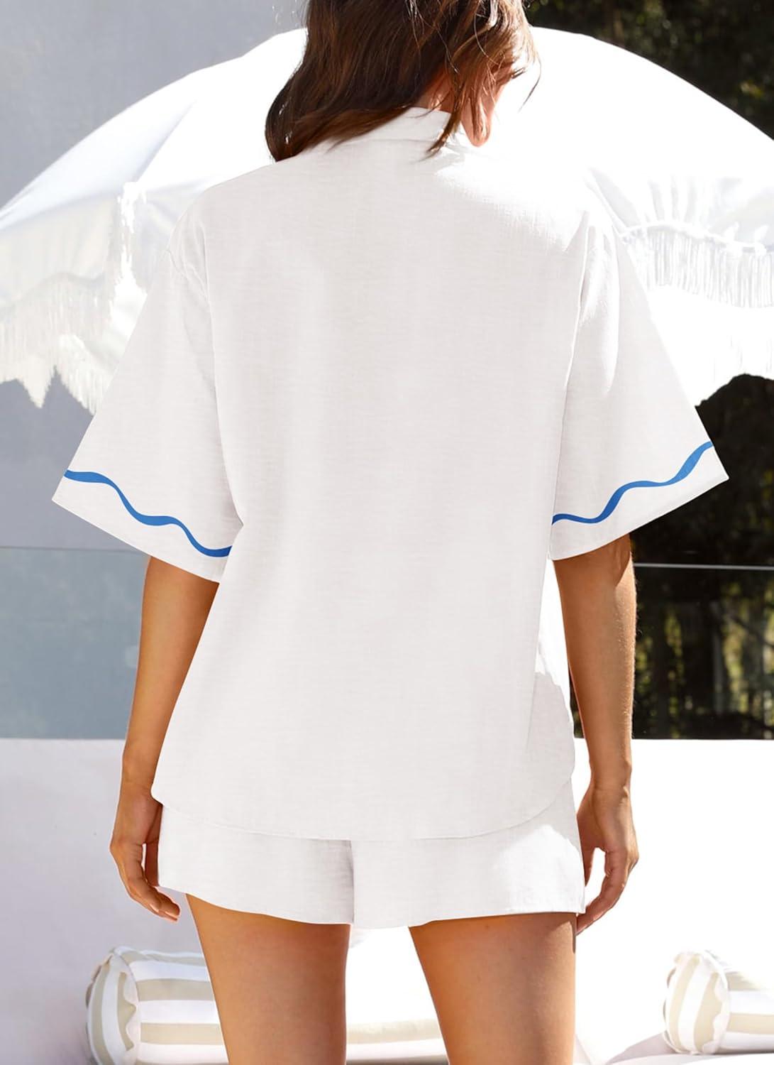 imagePRETTYGARDEN Womens Casual 2 Piece Outfits Summer Button Down Shirts Tops and Lounge Shorts Pajama Sets WhiteMedium