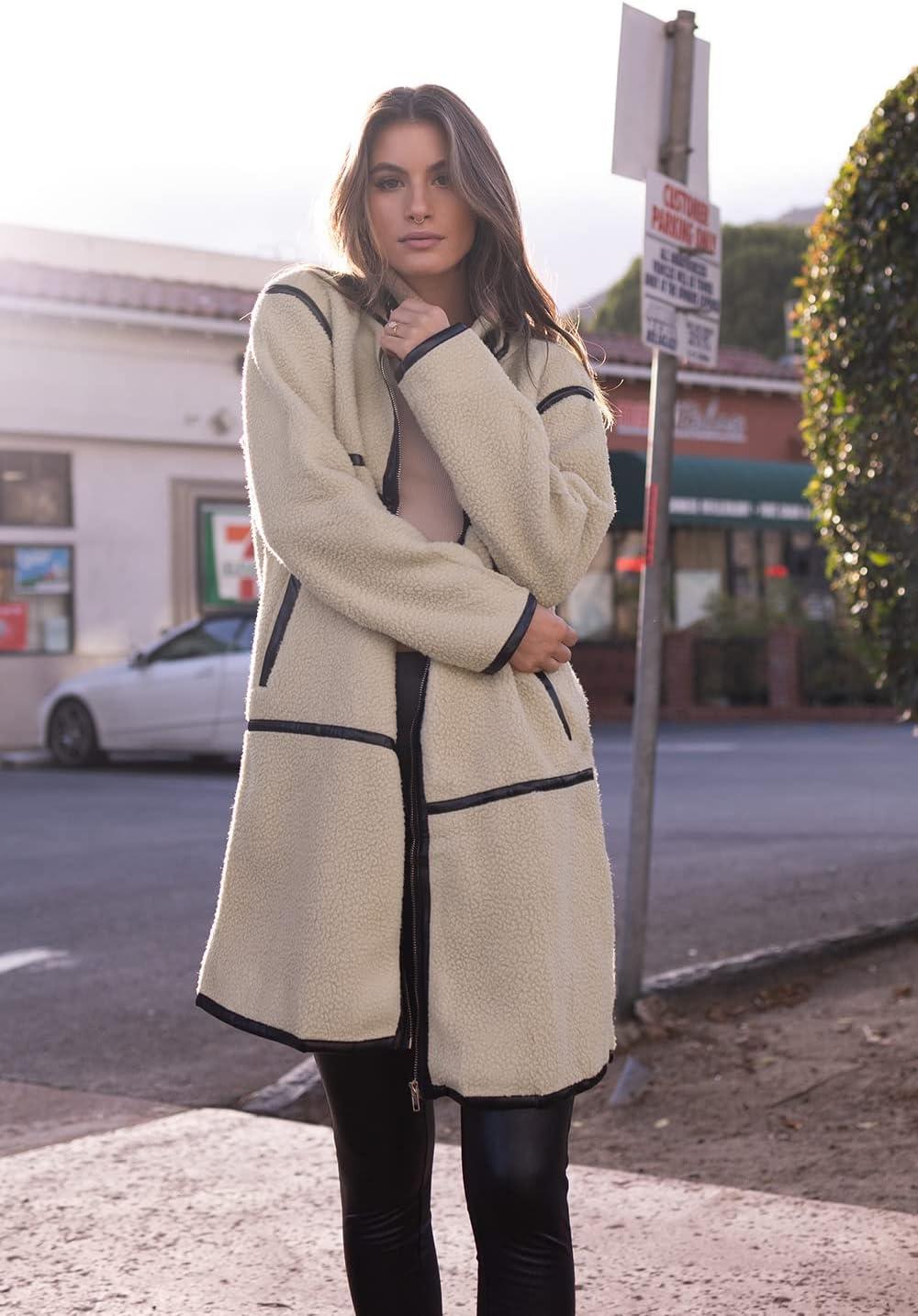 imagePRETTYGARDEN Womens Full Zip Fleece Jacket Long Sleeve Lapel Warm Winter Sherpa Coat With Pockets Beige ApricotSmall