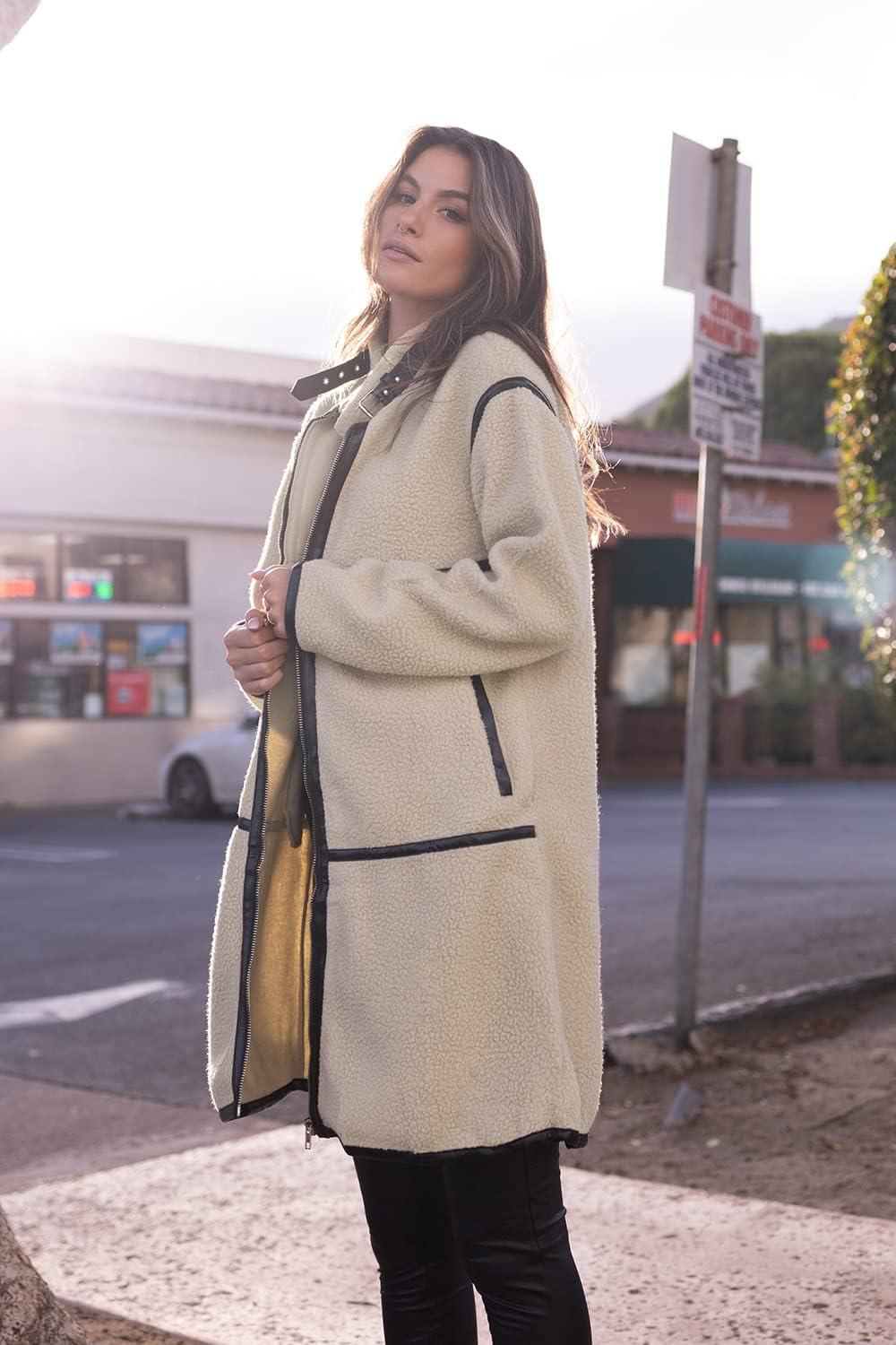 imagePRETTYGARDEN Womens Full Zip Fleece Jacket Long Sleeve Lapel Warm Winter Sherpa Coat With Pockets Beige ApricotSmall