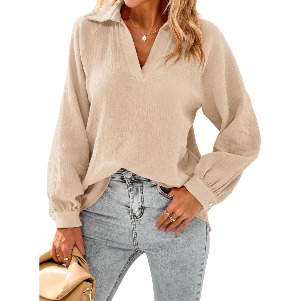 imagePRETTYGARDEN Womens 2024 Fall Fashion Blouse Tops Casual Long Sleeve V Neck Collared Cotton Linen Shirts