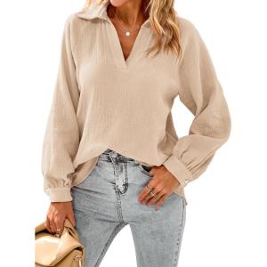 PRETTYGARDEN Women’s 2024 Fall Fashion Blouse Tops Casual Long Sleeve V Neck Collared Cotton Linen Shirts